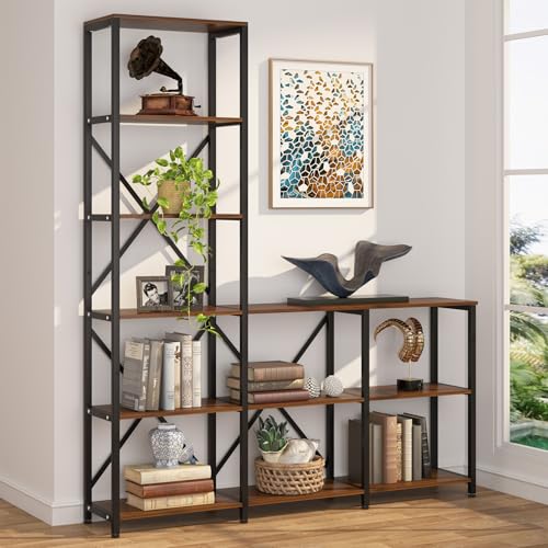 Image of Tribesigns Modern 9 Shelves Bookshelves, Industrial Stepped Ladder Corner Etagere Bookcase, Rustic 6-Tier Display Open Shelf Storage Organizer for Living Room