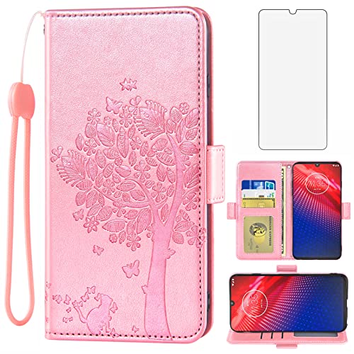Asuwish Compatible with Moto Z4/Moto Z 4 Play/MotoZ4 Force Wallet Case Tempered Glass Screen Protector Flip Card Holder Cell Phone Cover for Motorola 4Z Motoz4cases MotoZ4Play XT1980-4 2019 Rose Gold
