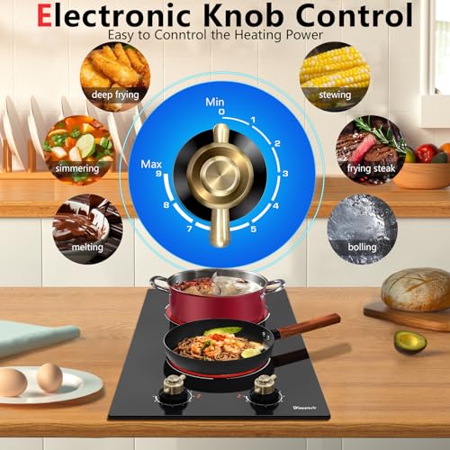 Image of 2 Burner Electric Cooktop - 12 Inch Electric Stove Top 3000W, 220V Built-in Ceramic Cook Top with Retro Knob, 9 Power Heating Level, 220-240V Hard Wired