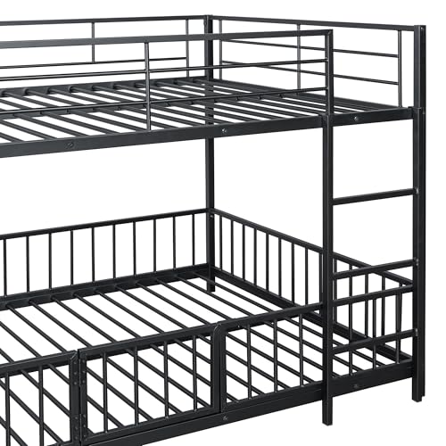 Image of Bellemave Full Over Full Bunk Bed with Slide and Ladder, Metal Low Bunk Bed for Kids, Girls, Boys, Removable Fence, with Door, Black