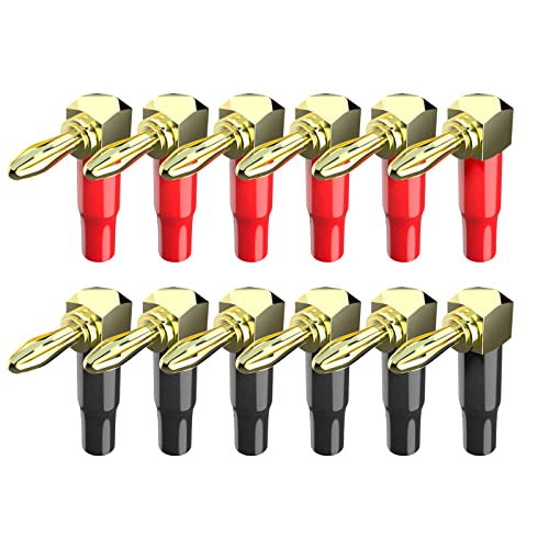 Goupchn 12PCS Right Angle Banana Plugs 4mm 24K Gold Plated 90 Degree Screw Type Speaker Connectors for Speaker Wires