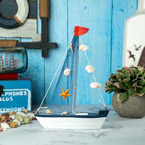 Image of Wooden Decorative Sailboat Nautical Model Showpiece - 15x4x22 cm | Miniature Sailing Boat Showpiece for Home Decor, Living Room, Office & Table Desk Decoration | Dark Blue Border-Starfish