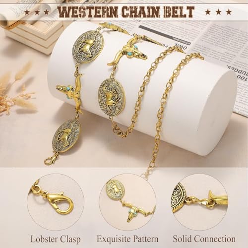 Image of WHIPPY Western Metal Concho Belt for Women Vintage Cowgirl Boho Turquoise Chain Belts for Dresses Jeans