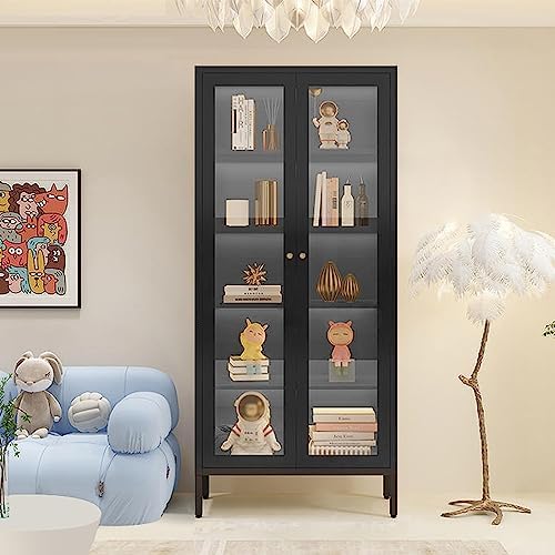 Greenvelly Metal Storage Cabinet, Black Display Curio Glass Storage Cabinet with Glass Doors and 4 Shelves, Tall Glass Bookcase Cabinet Modern Bookshelf Cabinet for Home Office Living Room，Pantry