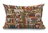 BGBDEIA Book Cushion Cover 30 x 50 cm Nerd Book Lover Cat Sleeping Over Bookshelf in Library Boho Design Rectangle Pillow Cases Home Decorative Cotton Linen Throw Pillow Cover for Bed Sofa 12x20 Inch