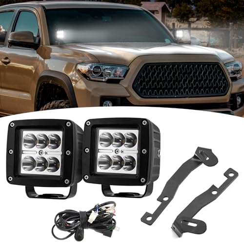 Wsays 2pcs 24 W LED Light Pods & Ditch Hood Hinge LED Pod Mount Bracket w/Wiring Kit Compatible with Toyota Tacoma 2016-2023