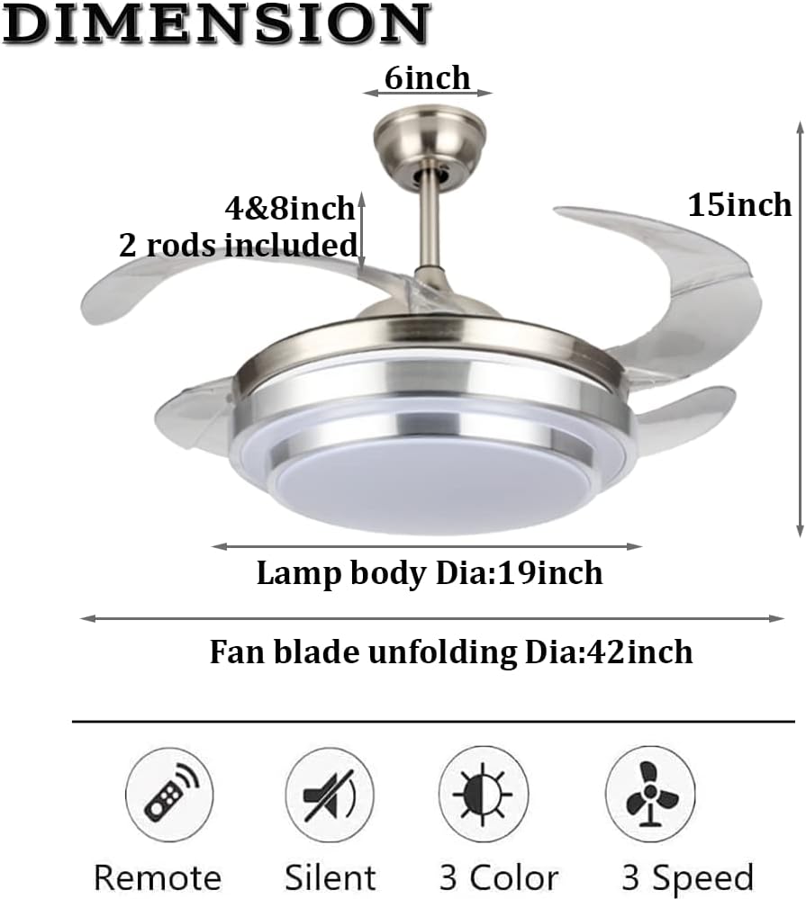 42 Inch Ceiling Fans with Lights and Remote Control, Modern Silent Ceiling Fan Light Kits Invisible Telescopic fan blade 3-color Dimming Chandeliers fit for Bedroom Living/Dining Room (42 inch)