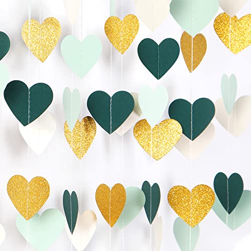 Image of Sage-Green Mint Beige-Gold Love-Heart Garland - 52Ft Rustic Wedding Hanging Decoration Streamers Banner, Baby Safari Birthday Bachelorette Bridal Shower Engagement Valentines Party Decor Panduola