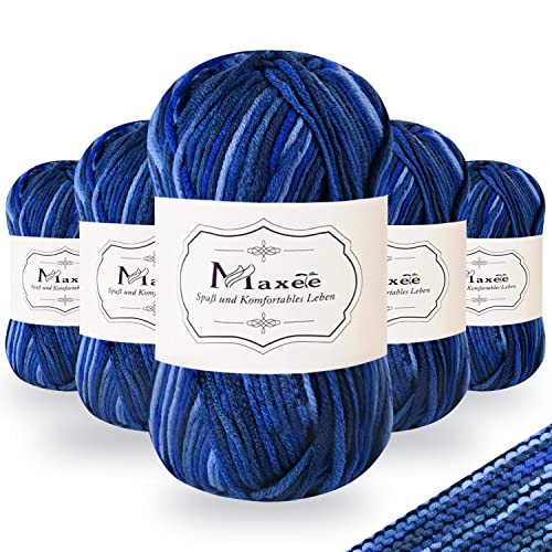 Maxee Handstrickgarn, 5x50g Häkelgarn, Bunt Farbverlauf Acryl Garn zum Stricken, Weicher Wolle zum Häkeln, Mehrfarbiges Garn zum Stricken Häkeln und Basteln(Meeresblau)