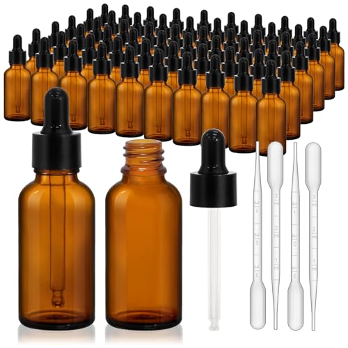 KEYWING 60 Pack 1oz Eye Dropper Bottles 30ml Leakproof Amber Glass Bottles for Essential Oils Tinctures Hair Oil Travel Liquids