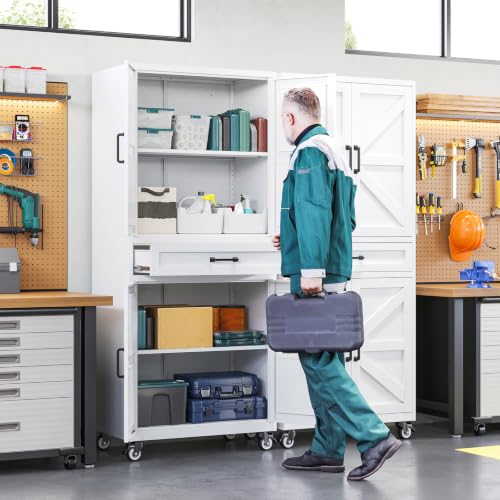 Image of Letaya Metal Garage Storage Cabinets with Wheels,White Rolling Tool Cabinet