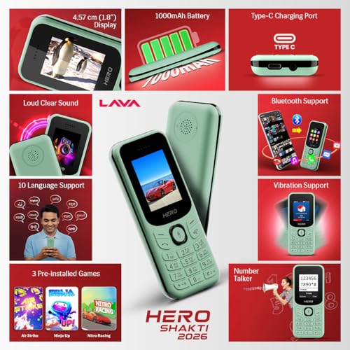 Image of Lava Hero Shakti 2026 Dual Sim Keypad Mobile Phone (with Vibration Alert) | 1.8 inch Display | Super Saving Battery Mode | Stylish Design | Number Talker | (Mint Green)| Type-C