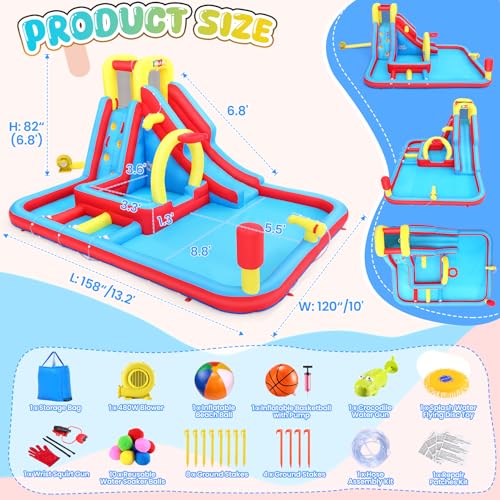Whubefy Big Inflatable Water Slide for Kids Backyar 13.2x10FT Waterslide Bounce House Obstacle Course, 3 Pool Fountain, Splash Pool, Deep Pool Sprinkler, Blow Up Water Slides Park for Kids Party Gift