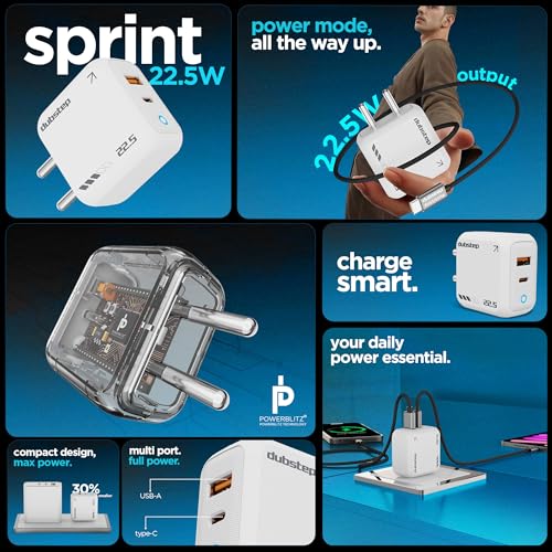 Image of Dubstep Sprint 22.5W Fast Charger with PD & USB Output Supports Samsung, Xiaomi Phones,Nothing, All Android and iPhone (Adaptor Only, White)