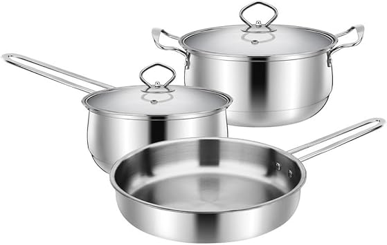 Pots and Pans 3 Piece Kitchen Cookware Set Stainless Steel Flat Pan Soup Pot Milk Pot Kit Induction Cooker Cooking Pan for Home Kitchen B
