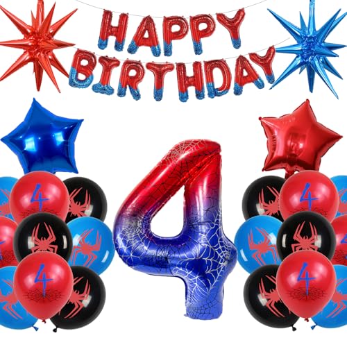 Decoração de aniversário menino de Spider 4 anos, balão de alumínio gigante número teia de aranha, festa de aniversário crianças balões Banner e balão de látex (conjunto balões Spider 4 anos)