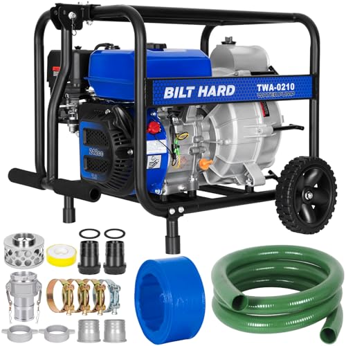 BILT HARD 3 Inch Trash Pump, 290 GPM 7HP Gas Powered Water Pump, 212cc 4-Cycle Engine with Handle and Wheels, 50 ft Discharge Hose, 12 ft Suction Hose with Complete Fittings, EPA Certified