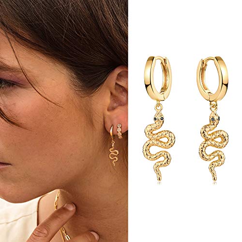 Myears Women Snake Earrings Gold Huggie Hoop Serpent Diamond Cubic Zirconia Dangle Drop 14K Gold Filled Small Boho Simple Delicate Hypoallergenic Animal Jewelry Gift #TOP2