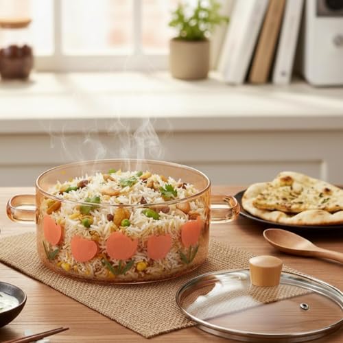 The Better Home Zeno Borosilicate Glass Cookware for Gas Stove (1.45L) Tope with Lid & Handle | Cooking Pot | Glass Saucepan for Gas Stove | Boiling Pan (Clear)