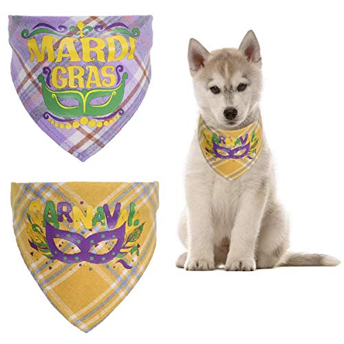 CheeseandU 2Pack Mardi Gras Pet Bandanas Triangle Plaid Eye Mask Pattern Green Purple Yellow Bandanas for Dog Cat Garnaval Adjustable Neckerchief Bandanas for Dogs Cats 7.8-16.5'