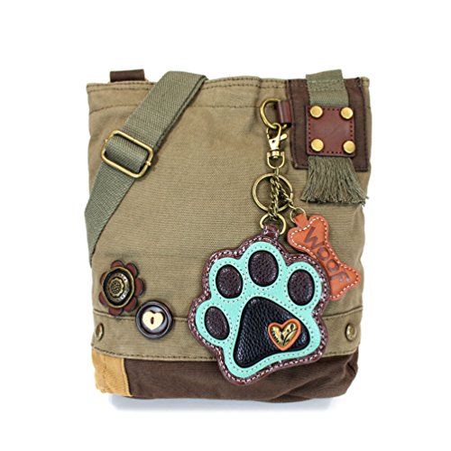 CHALA Patch Cross-Body Women Handbag, Canvas Messenger Bag - Teal Paw Print Olive - Thumbnail 3