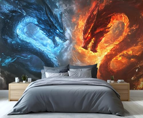 FELIAOQ - Dragon Mural Wallpaper, Ice Fire Dragon Murals, 3D
