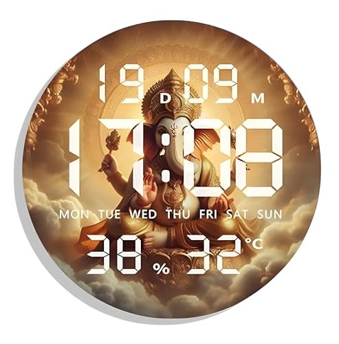 Image of Amazon Brand - Umi Acrylic Digital Wall Clock for Bedroom Living Room Stylish LED USB Tabletop 3D Picture Clocks with Time Day Date Month Temperature Display for Home Office 24.3x24.3cm (Ganesha)