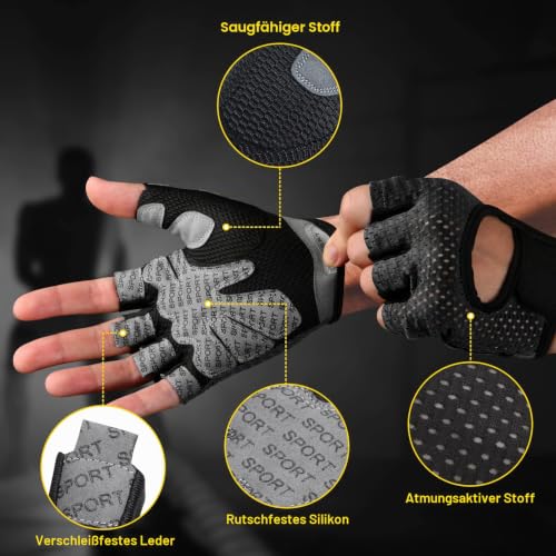 Foto von flintronic Fitness Handschuhe, Atmungsaktive Trainingshandschuhe mit Mikrofasergewebe, Rutschfester Silikon Gym Gloves Gewichtheben Handschuhe, Sporthandschuhe für Damen Herren - Schwarz (L)
