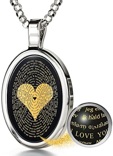 NanoStyle 925 Sterling Silver Love Necklace I Love You inscribed in 120 languages in Pure Gold on a Romantic Onyx Anniversary Birthday Gift Pendant for Wife, 18" Chain
