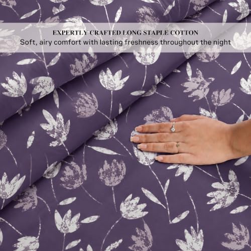 Image of Jaipur Weaves Cotton King Size Bedsheet 108x108 Super King, 100% Pure Cotton Bed Sheet with 2 Pillow Covers, 300 TC Soft Breathable Floral Design Bedding (Purple Tulips, Super King)