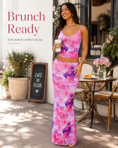 Image of Two Piece Skirt Set for Women - Sexy Sleeveless Spaghetti Strap Pleated Tank Top Maxi Long Skirts Sets