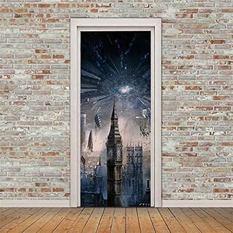 QHOXAI Door Stickers Self Adhesive Spaceship, Clock Tower, Building Door Murals Stickers, 3D Self-Adhesive Door Stickers Waterproof Door Decal Vinyl Bedroom Door Wall Murals Wallpaper Sticker 33.4X80 Cover