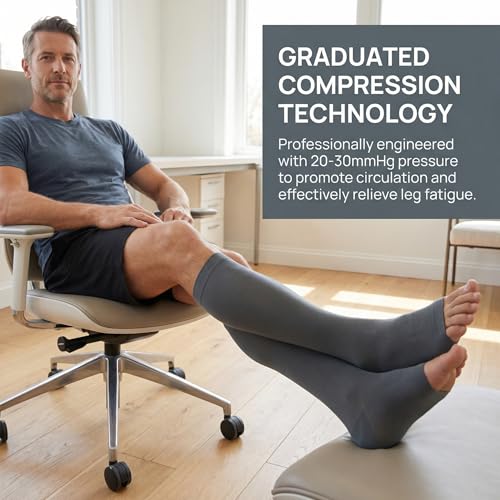 Image of MGANG Knee High Compression Socks 20-30mmHg for Varicose Veins, Open Toe | Graduated Compression, Circulation, DVT, Swelling, Nurses, Pregnancy, Standing, Office, Flight, Travel, Running, Recovery