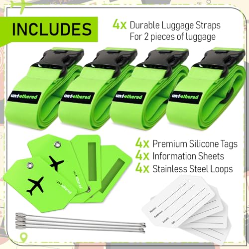 Image of Untethered Ultimate Travel Set: 4 Premium Luggage Straps and 4 Silicone Tags - Secure & Identify Your Bags with Ease (Green + Tags)