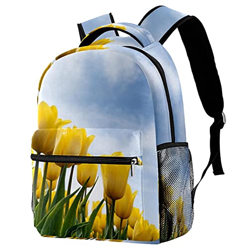 Sac à dos de voyage enfant avec porte-bouteille jaune à tulipes pour fille et garçon