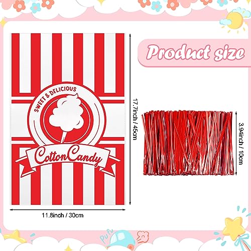Image of Geyee 500 Count Cotton Candy Bags with Ties Large Clear Cotton Candy Bags with Stripe Print, Perfect for the Carnivals Summer Party Kitchen Supplies 17.7 x 11.8 Inch