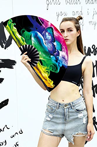 Amajiji Large Folding Hand Rave Fan for Women/Men, Chinease/Japanese Bamboo and Nylon-Cloth Folding Hand Fan, Hand Fan Festival Fan Gift Fan Craft Fan Folding Fan Dance Fan (Butterfly Dream)