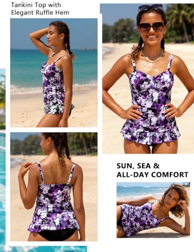 Image of Hilor Women's 50's Retro Ruched Tankini Swimsuit Top with Ruffle Hem