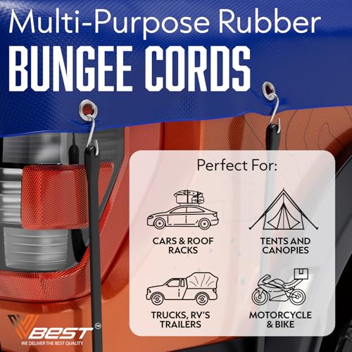 Image of EPDM Rubber Bungee Cords with Hooks - 8Pcs Heavy Duty Outdoor Straps | Black Rubber Assorted Sizes Bungy Cords 10 inch,15 inch,21 inch,31 inch - Strong Bungie - UV & Weather Resistant Bunjees 200lb Strength
