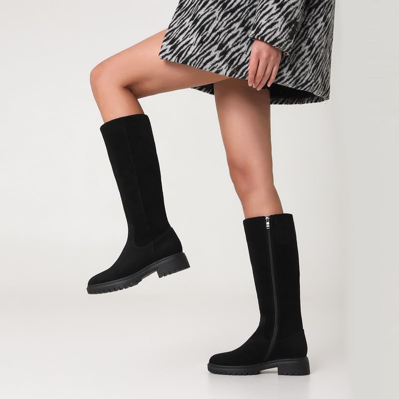 Image of ZJA Knee High Boots Women Platform Round Toe Low Flat Heel Fall Riding Fashion Tall Boots Long Clearance Boots