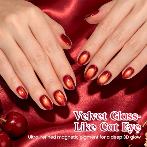 Image of Beetles Red Cat Eye Gel Nail Polish, 15ml Vintage Cherry Magnetic Gel Shine | with 2 Magnets, Glass Cat Eye 3D Shimmer Fall Gel Soak Off UV LED Nail Art Manicure for Women Salon and Home Use