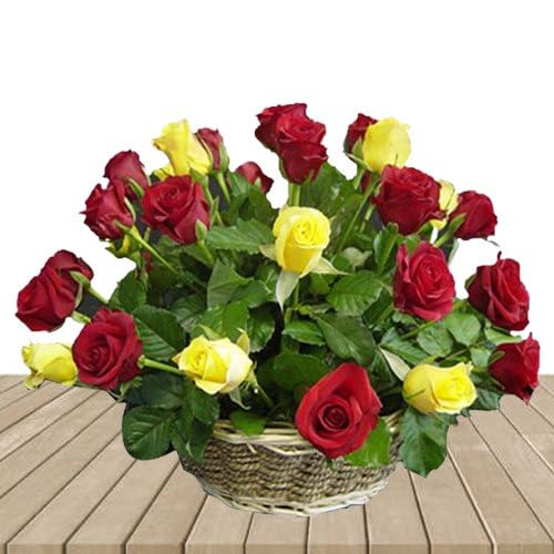 FLORANET Beautiful bouquet Of Cane Basket of 24 Mixed Roses Decorated with Green Leaves For Anniversary Gift, Birthday Gift, Wedding Gift, Congratulations Gift, Mother's Day Gift (Same Day Delivery)-image-36