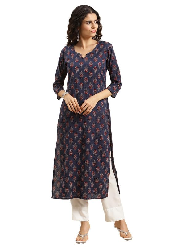 Image of Varanga Women Printed Straight Kurta | Cotton | Round Neck | 3 /4 Sleeve |Casual Wear