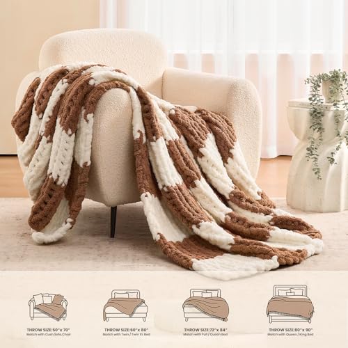 L'AGRATY Chunky Knit Blanket Throw: 60''x80'' Chenille Chunky Knitted Throw Blankets for Twin Bed Couch - Handmade Thick Cable Knit Blanket - Large Crochet Blankets for Home Decor(Brown Checkered)