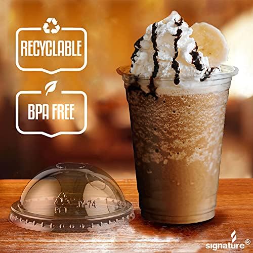 Signature Packaging Strong Plastic Smoothie Cups with Dome Lids - 50 Pack of 16 oz Plastic Cups with Lids for Smoothies, Milkshakes, and Thick Drinks - Recyclable, Hand Washable and Reusable