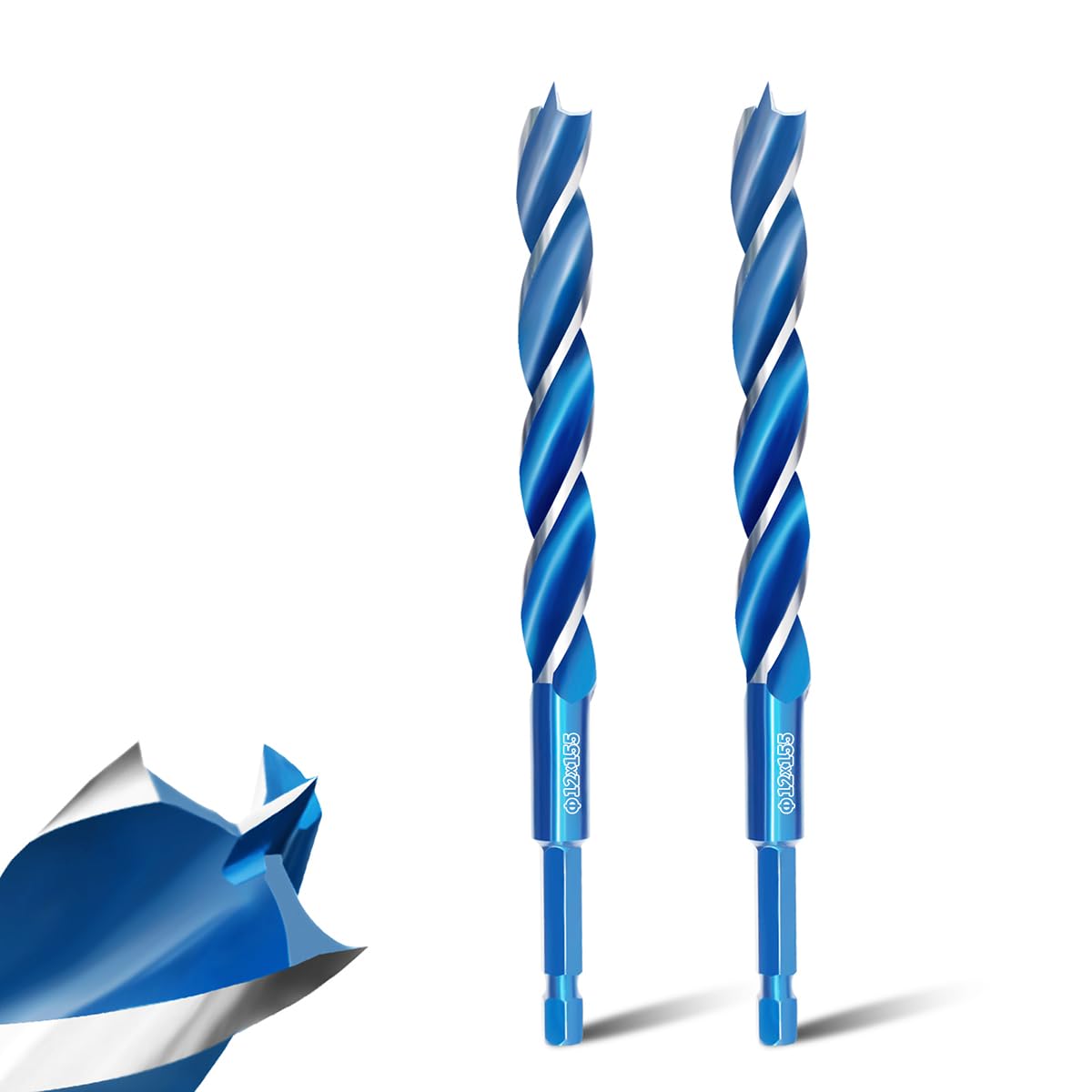 Teronbeta Wood Drill Bit 12mm x 155mm x 2pcs Professional 1/4 Inch Hex Shank Brad Point Auger Drill Bits for Wood