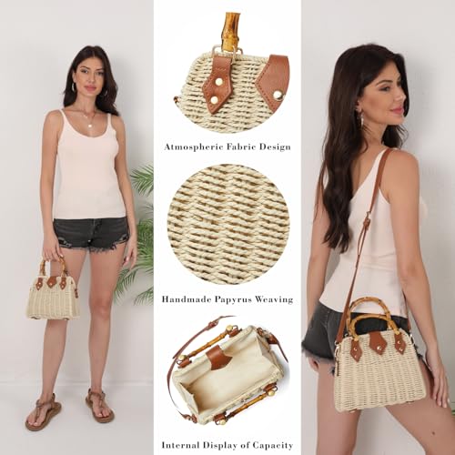 Woven Straw Handbag with Bamboo Handle, Brown Leather Trim, Crossbody Strap, Natural4