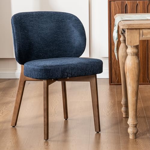 Image of YOUNIKE Single Dining Chair Modern Kitchen Dining Room Chair Navy Blue | Chenille Fabric Upholstered Armless Side Accent Chair with Back 20.1 inch Wide Padded Seat Wooden Legs for Living Room Bedroom
