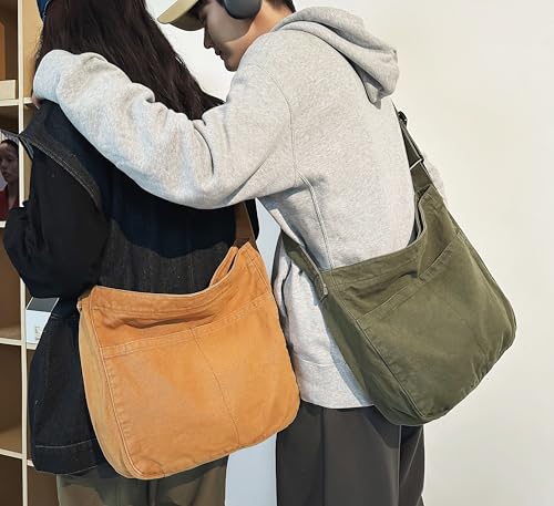 Image of Economical Cotton Canvas Tote Bag,Women Hobo Shoulder Bag Crossbody Handbag with 3 External Pocket,Zipper Closure (K Tote Bag-ArmyGreen)