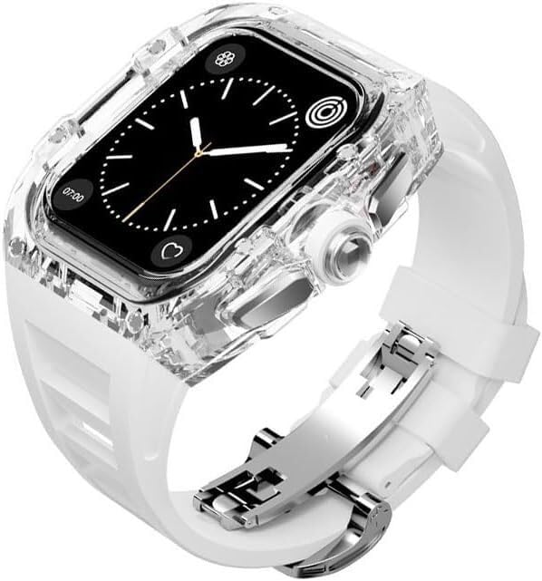 BUDAY Transparent Watch Case With Fluoroine Rubber Band Modification Kit?For Apple Watch 45mm 44mm?Rm Style Mod Kit?For iwatch Series 8 7 6 5 4 SE Series Replacement Strap(G,44MM)